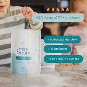 Hemjärnspulver i kök med barn som bakar och USP som beskriver järnpulvret som natuligt hemjärn, glutenfritt, fritt från tillsatser och med högt betyg från andra föräldrar