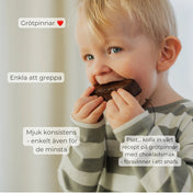 Pojke äter järnrik grötpinne som beskrivs som enkel att greppa, mjuk i konsistensen och uppmaning till att bak grötpinnar med chokladsmak