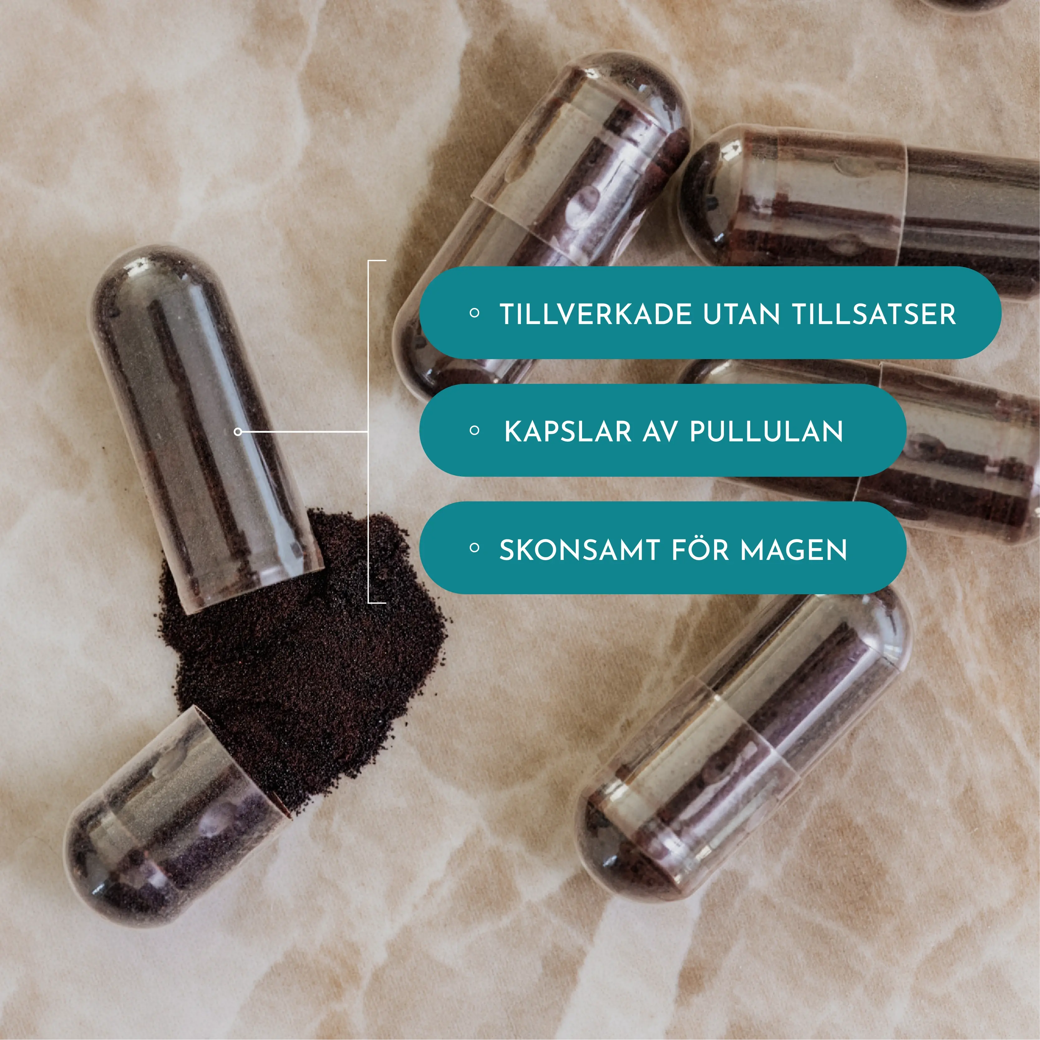 Flera kapslar på marmor med texter som beskriver produkten som skonsam för magen, har kapslar av pullulan och är tillverkad utan tillsatser. En kapsel är öppen och visar innehåller som är 100% naturligt hemjärn. 
