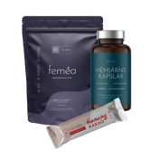 Paketerbjudande med produkter till kvinnor med järnbrist som innehåller hemjärnsbars, hemjärnskapslar och hemjärnspulver från Feméa